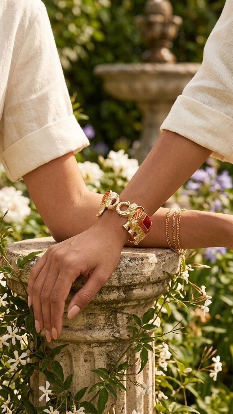 Vintage Gold-Tone & Enamel Elephant Hinged Cuff Bracelet